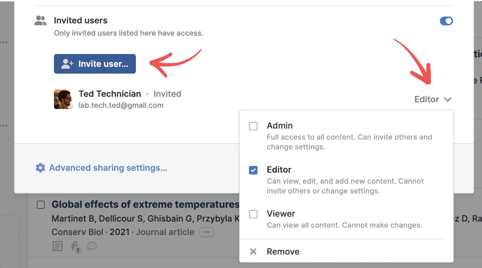 The sharing dialog’s “Invited users” section with arrows pointing to the “Invite user…” button and to a role dropdown open on Admin, Editor (ticked), Viewer and Remove, each with a description.